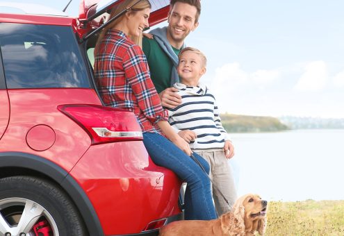 Happy family sitting in the trunk of a red car, representing safe and reliable vehicle services for local families in Sackville.